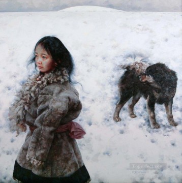 Chino Painting - Niña y perro AX Tíbet